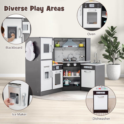 Costzon Corner Kids Kitchen Playset, Wooden Pretend Toy Kitchen Set, Toddler Play Kitchen for Boys Girls 3+