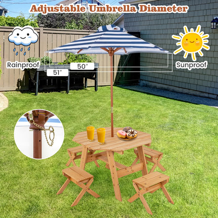 Costzon Kids Picnic Table, Fir Wood Octagon Kids Table and Chair Set with Removable Umbrella