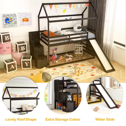 Costzon House Bunk Bed, Twin Over Twin Wood Kids Bed Frame with Slide & Storage Staircase