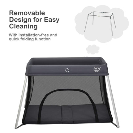 BABY JOY Baby Foldable Travel Crib, 2 in 1 Portable Playpen with Soft Washable Mattress, Side Zipper Design