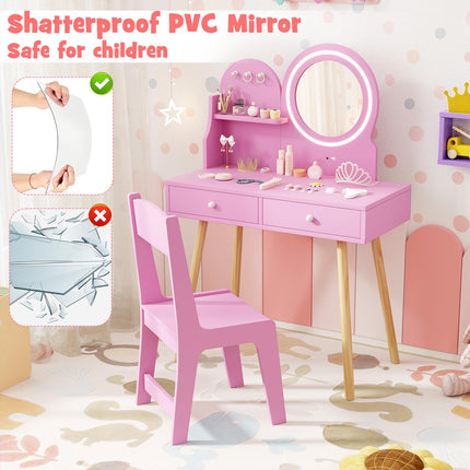 Costzon Kids Vanity, Girls Vanity Set with Mirror and Stool and Lights