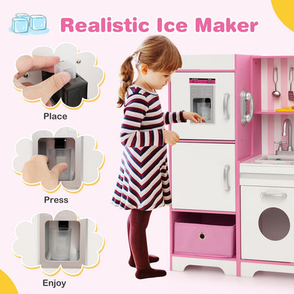 Costzon Kids Kitchen Playset, Wooden Little Chef Pretend Play Kitchen with Deluxe LED Lights, Pink