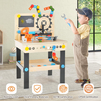 Costzon Kids Tool Bench, Wooden Pretend Workbench w/ 81 Accessories, Blackboard, Realistic Role Play Construction Building Tool Set