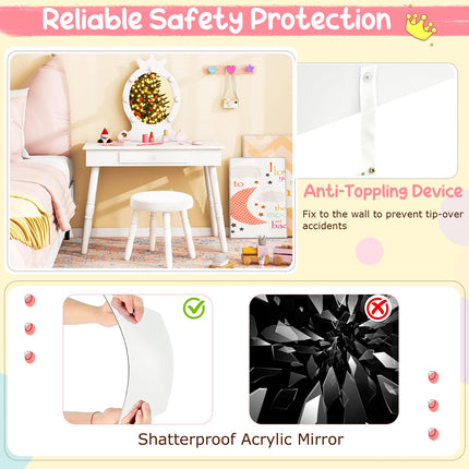 Costzon Kids Vanity, Girls Vanity Set with Mirror and Stool and Lights, Drawer, Pretend Play Kids Vanity Table and Chair Set