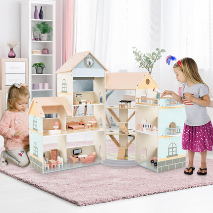 Costzon Wooden Dollhouse for Kids, 3-Story Luxury Doll House, DIY Pretend Dollhouse Playset