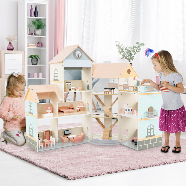 Costzon Wooden Dollhouse for Kids, 3-Story Luxury Doll House, DIY Pretend Dollhouse Playset