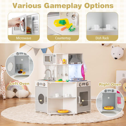 Costzon Corner Play Kitchen, Wooden Kids Kitchen Playset with Water Circulation, Real Lights & Sounds