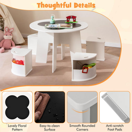 Costzon Kids Table and Chairs, 5 Pieces Children Round Table w/ 4 Storage Stools & Chalkboard Tabletop for Activity