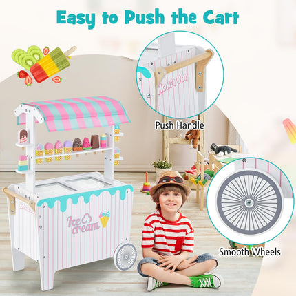 Costzon Wooden Ice Cream Cart for Kids, Pretend Play Food Trunk Toy w/ Display Rack