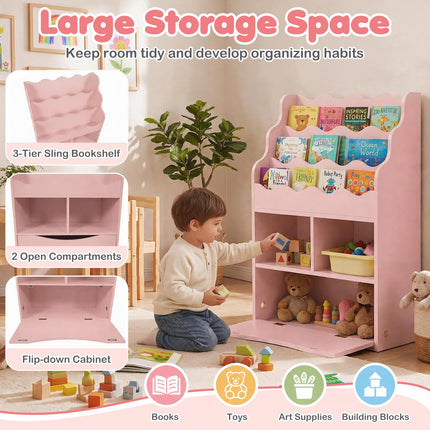 Costzon Kids 3-Tier Bookshelf with Cubes & Flip Down Cabinet