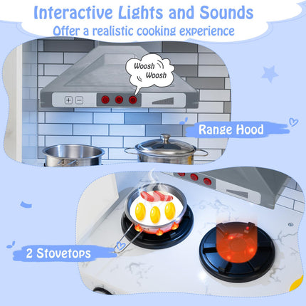 Costzon 2-Piece Kids Kitchen Playset, Wooden Play Kitchen with Water Circulation, Lights and Sounds