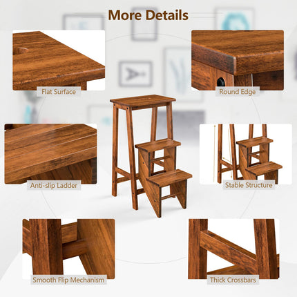 Costzon Folding Step Stool 3 Tier Wood Ladder, 3-in-1 Design with Ladder, Multifunction Pine Wood Foldable Ladder