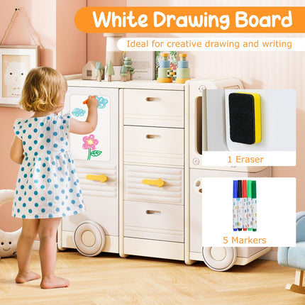 Costzon Kids Toy Storage Organizer w/ 4 Pull-Out Drawers Enclosed Cabinets & Drawing Board