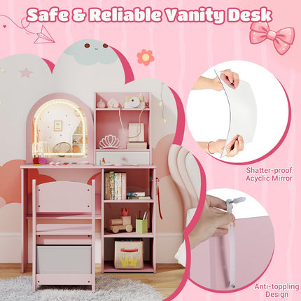 Costzon Wooden Kids Vanity Table and Chair Set with Mirror Hooks & Open Shelves