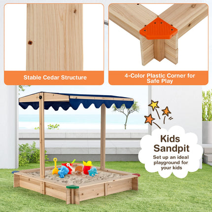 Costzon Kids Wooden Sandbox with Canopy, Square Cabana Sandbox with Ground Liner