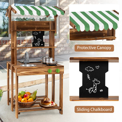 Double Sided Outdoor Play Kitchen and Barbecue Grill Playset with Canopy
