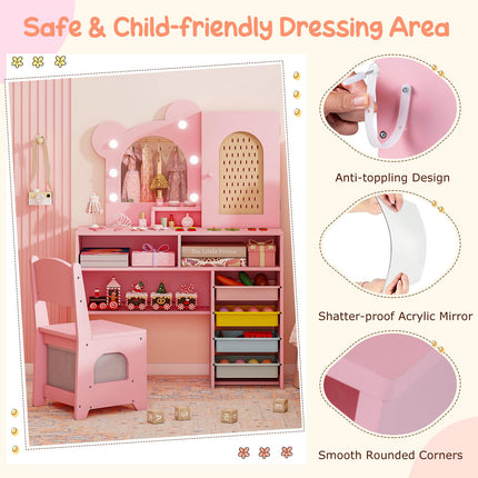 Costzon Girls Vanity Set Wooden Vanity Table and Chair Set