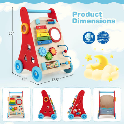 BABY JOY Wooden Baby Walker Sit to Stand Baby Push Walker with Wheels & Storage Space