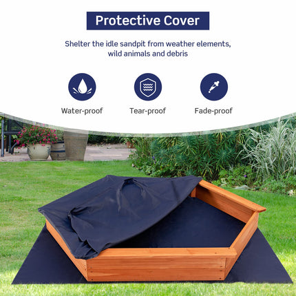 Costzon Wooden Sandbox with Seat Boards, Oxford Cover,Ground Liner, 73" x 64" Hexagon