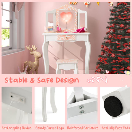 Costzon Kids Vanity Table and Chair Set, Girls Vanity Set with Mirror and Stool, Pretend Play Vanity Set for Little Girls