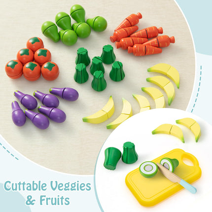 Costzon Kids Wooden Grocery Store Set, Pretend Farmer’s Market Stand w/ 36 Cutting Vegetables & Fruits