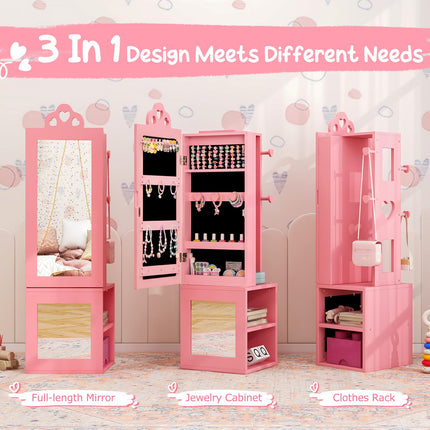 Costzon Kids Vanity & Jewelry Armoire Cabinet, Wooden Kids Vanity Table and Chair Set