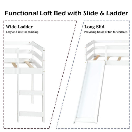 Costzon Twin Loft Bunk Bed with Slide, Built-in Ladder and Guard Rail, Kids Solid Wood Low Bunk Bed Frame