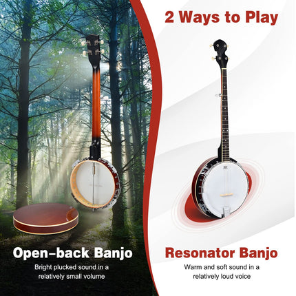 Costzon 5 String Banjo 24 Bracket with Geared 5th Tuner and Mid range Closed Handle