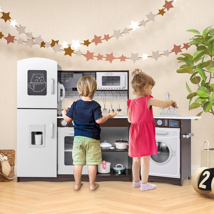 Costzon 2-Piece Play Kitchen for Kids, Wooden Toy Kitchen Set with Washing Machine, Kids Kitchen Playset with Sounds & Lights