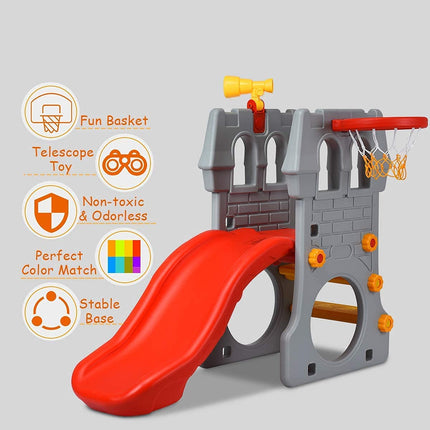 Costzon Toddler Slide Playground Climber Set, 5 in 1 Slide for Kids with Basketball Hoop, Kids Large Slide Playset Gift for Both Indoor Outdoor Use