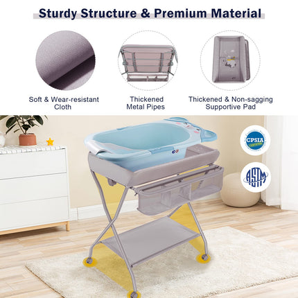 Costzon Portable Changing Table, Mobile Baby Changing Table with Wheels, Safety Belt, Large Storage Basket