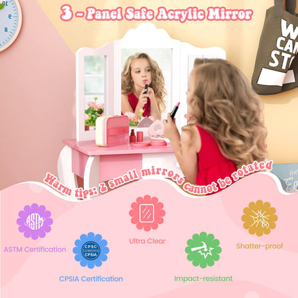 Costzon Kids Vanity Table and Chair Set, Girls Vanity Set with Mirror and Stool, Storage Drawer