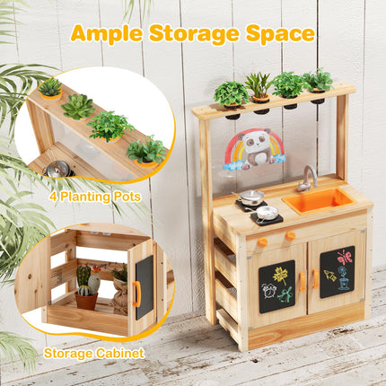 Costzon Mud Kitchen, Fir Wood Outdoor Play Kitchen with 4 Planting Pots, Stoves, Removable Sink