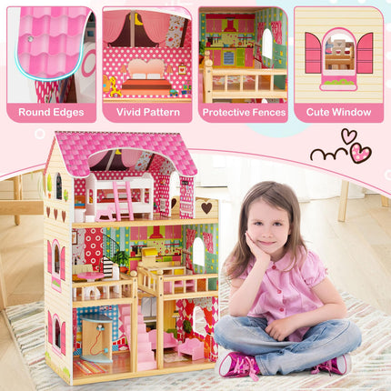 Costzon Dollhouse, Toy Family House with 15 pcs Furniture, DIY Pretend Doll House