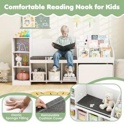 Costzon Kids Bookcase with/Reading Nook, 4-in-1 Toy Organizer w/Removable Seat Cushion