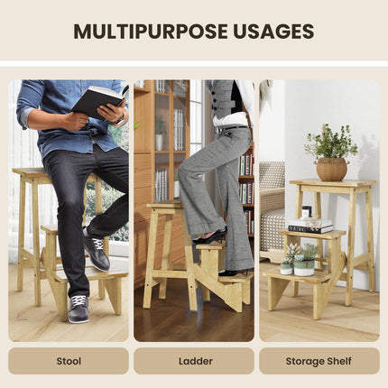 Costzon 3 Tier Folding Step Stool, 3-in-1 Wood Foot Stool Display Storage Shelf Flower Rack for Home