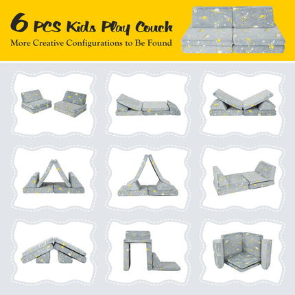 Costzon Convertible Kids Couch, Glow in Dark, 6-Piece Modular Sofa Playset with 4 Base Cushions & 2 Triangular Pillows, Grey