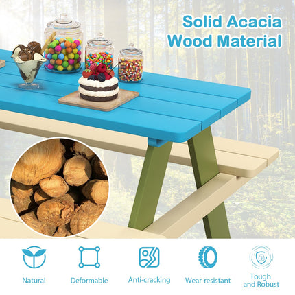 Costzon Kids Picnic Table, Acacia Wood Childrens Activity Table with Benches, Toddler Patio Furniture Set