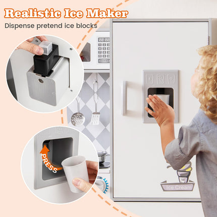 Costzon Play Kitchen for Kids, Wooden Toy Kitchen Set with Ice Maker