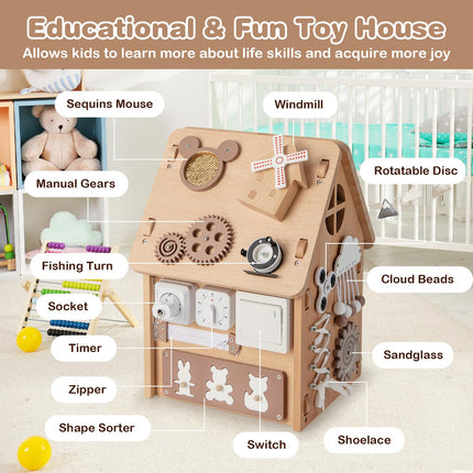 Costzon Montessori Busy House Toy, Wooden Multi-Purpose Play House, Educational Learning Toy for Boys & Girls