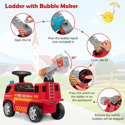 Costzon Kids Ride On Fire Truck, Ride On Push Car with Ladder Bubble Maker, Foot-to-Floor Sliding Car for Toddlers