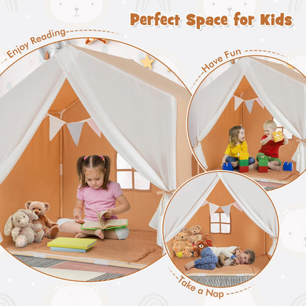 Costzon Large Kids Tent with Mat, Children's Play Tent w/Flag Banner, Windows, Gauze Curtain