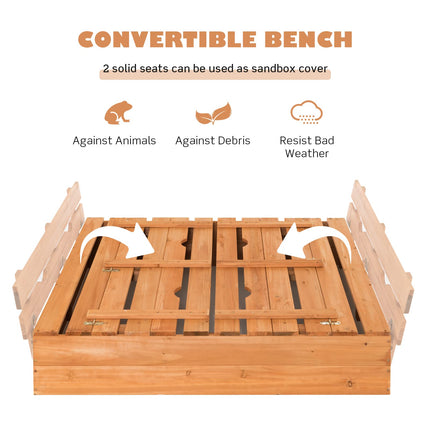 Costzon Kids Sandbox with Lid, 47 x 47in Sand Pit w/ 2 Convertible Bench Seats & Protective Bottom Liner