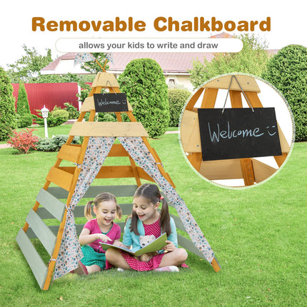 Costzon Kids Tent, Wooden Indoor Outdoor Triangle Hideaway Playhouse with Machine Washable Flags