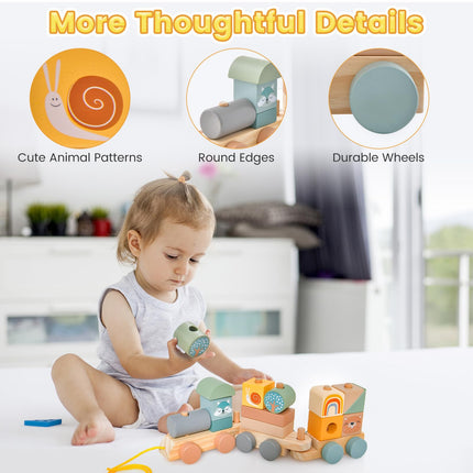 Costzon Wooden Train Set, 3-Section Towable Train Toys with Stackable Building Block, Cute Animal Patterns