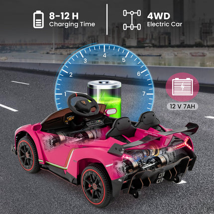Costzon Pink Lamborghini Ride on Car, 12V Battery Powered 4WD Lambo Kids Car with Remote Control
