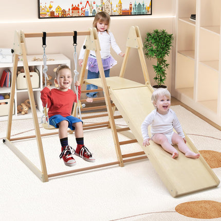 Costzon Indoor Jungle Gym, 5-in-1 Foldable Montessori Climbing Toys for Toddlers w/Double-Sided Slide, Indoor Wooden Playground Climber Playset