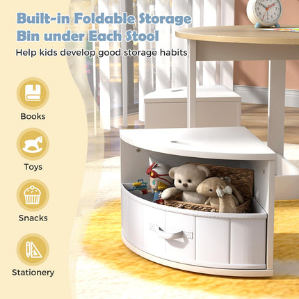 Costzon Kids Table and Chairs, 5 Pieces Wooden Round Children Nesting Table with 4 Storage Stools & 4 Fabric Drawers for Activity