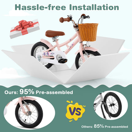 BABY JOY Retro Kids Bike, 12 Inch Child Bike w/Rattan Basket, 95% Pre-Assembled Kids Bicycle for Girls