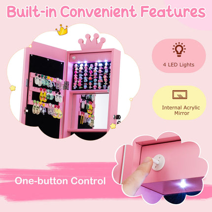 Costzon Kids Jewelry Armoire with LED Lights Lockable Standing Jewelry Organizer